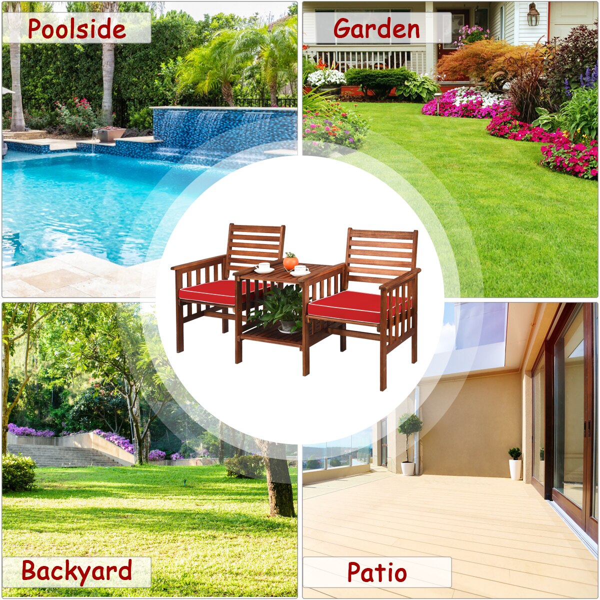 Description Picture 4 of itemGoplus Patio Loveseat Set Acacia Wood Chair Coffee Table Cushioned Umbrella Hole