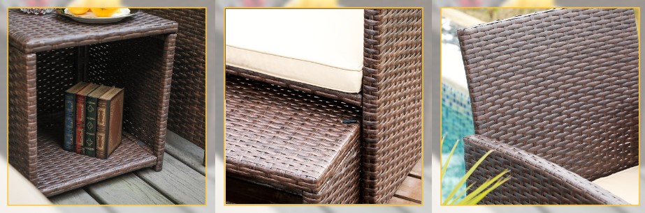 Description Picture 6 of itemJARDINA 5 Pieces Outdoor Garden Rattan Patio Furniture Set with Beige Cushions, Brown Wicker Chair with Ottoman, Storage Table