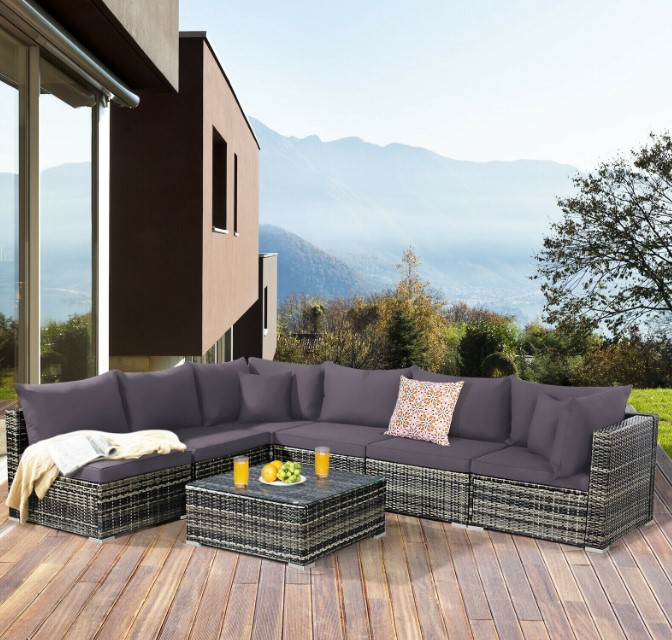 Goplus Patiojoy 7PCS Patio Rattan Furniture Set Sectional Sofa with Cushion