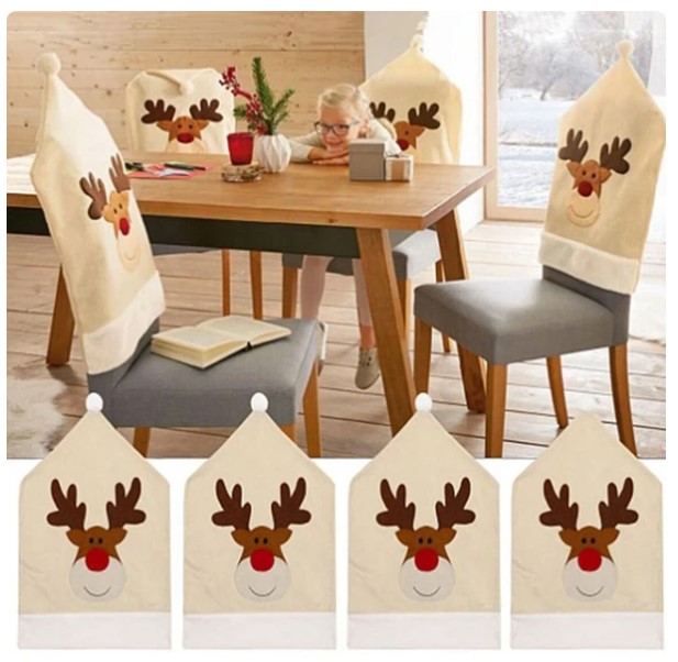 11-Piece Embroidered Deer Christmas Chair Cover Set - Festive Elk Xmas Chair Covers for Christmas Dinner Table Decor