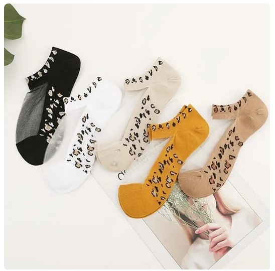5 Pairs of Women's Glass Filament Fiber, Thin, Transparent Leopard Socks – Stylish and Comfortable Polyester Sock Sole