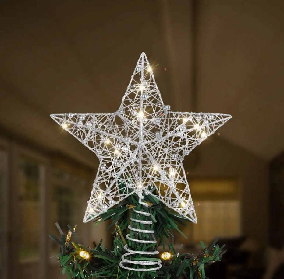 Iron Glitter Powder Christmas Tree Ornaments Top Stars with LED Light Lamp
