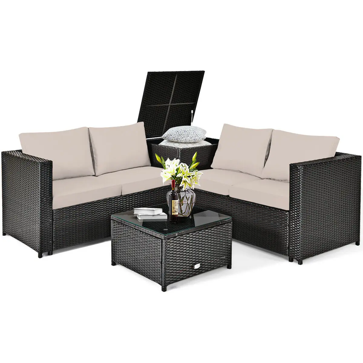 Patiojoy 4PCS Outdoor Patio Rattan Furniture Set Cushioned Loveseat Storage Table