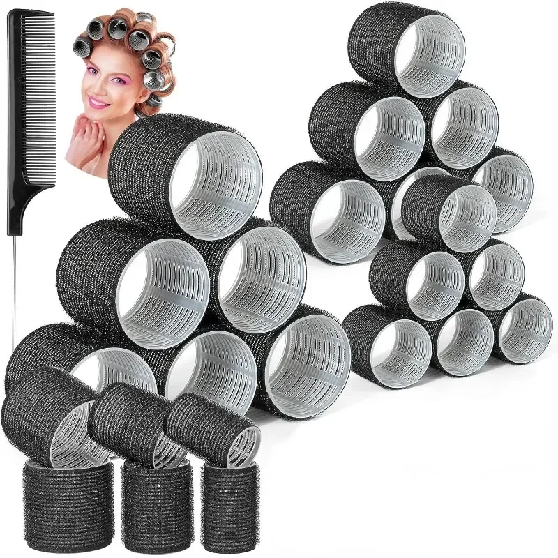 Black Self Grip Hair Rollers with Clips Heatless Hair Curlers No Heat Hair Bangs Volume Hook & Loop Styling Tools