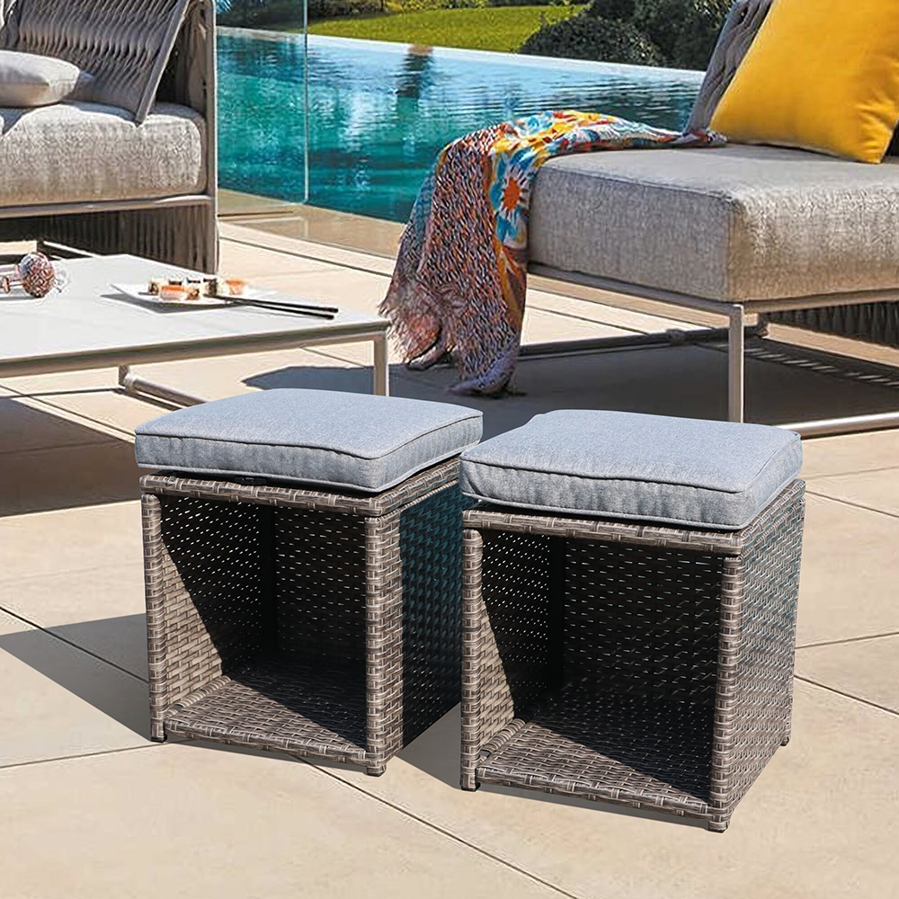 JARDINA 2 Pieces Wicker Outdoor Storage Ottoman Patio Ottoman with Cushions