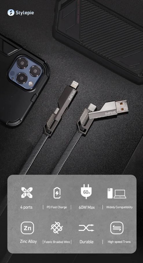 Description Picture 5 of item4-in-1 Type-C USB-C Fast Charge Data Cable: 60W Zinc Alloy Lightning PD Cord for iPhone, iPad, Samsung, Iconic Brand, Huawei, Laptop