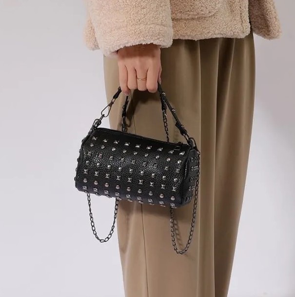 Edgy Elegance Neutral Punk Style Round Diagonal Rivet Retro Barrel Bag