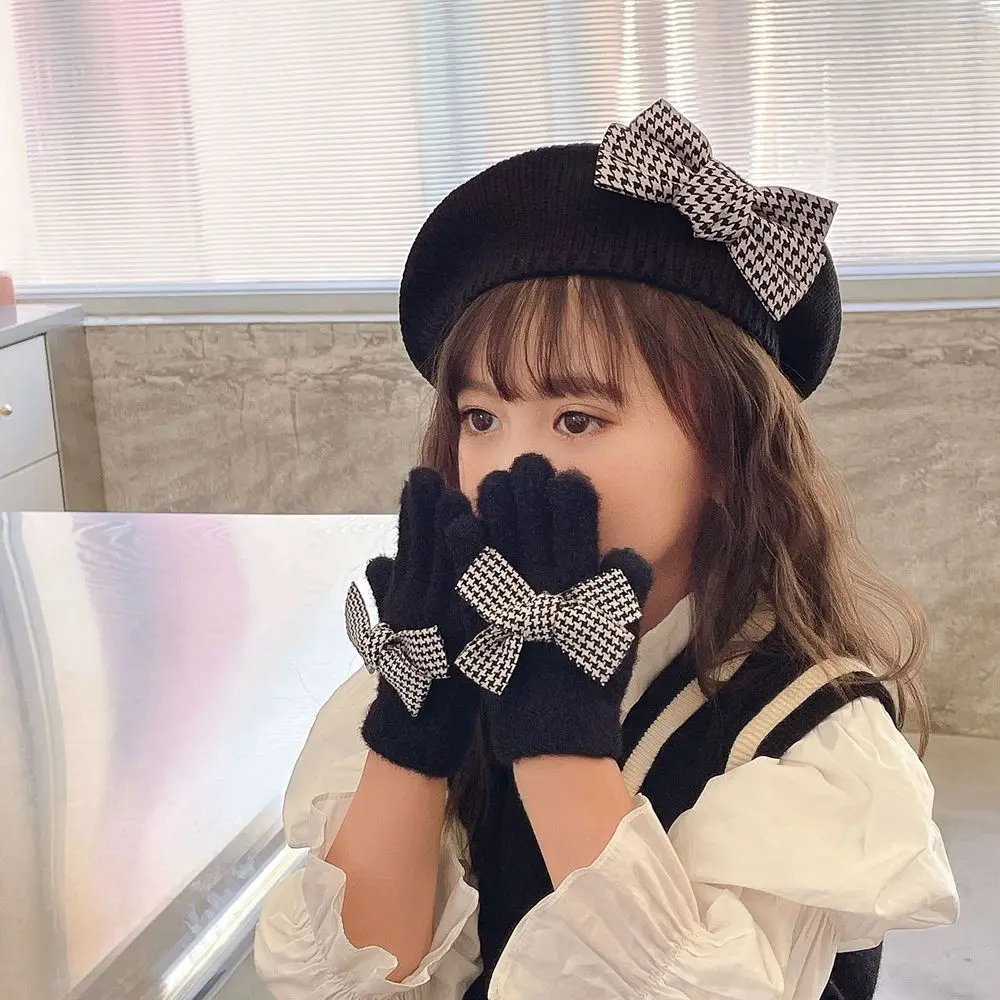 Baby Kid Korean Style Hat Knit Hat Woolen Houndstooth Warm Hat Bow Children's Gloves Children's Caps Girl Beret