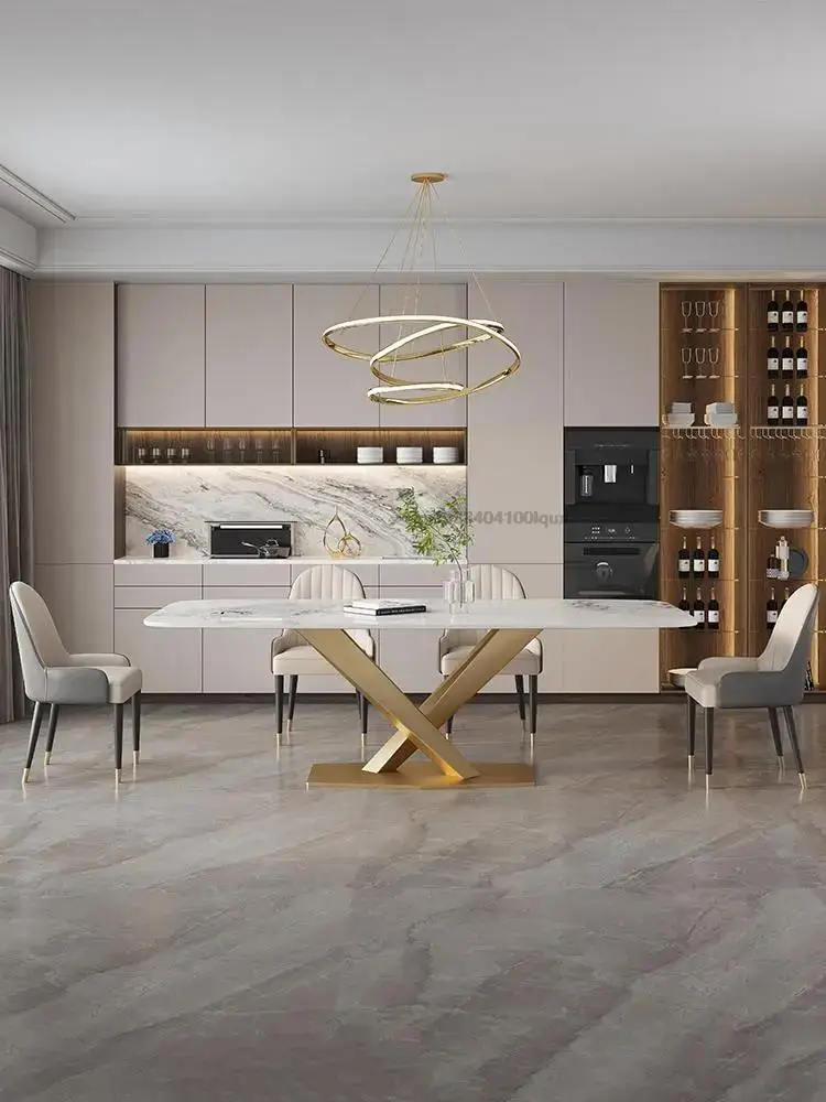 Luxurious Kitchen Table In Rectangle Marble Desk Top Stainless Steel Golden Finish 6 People Luxury Dining Table And Chair Set