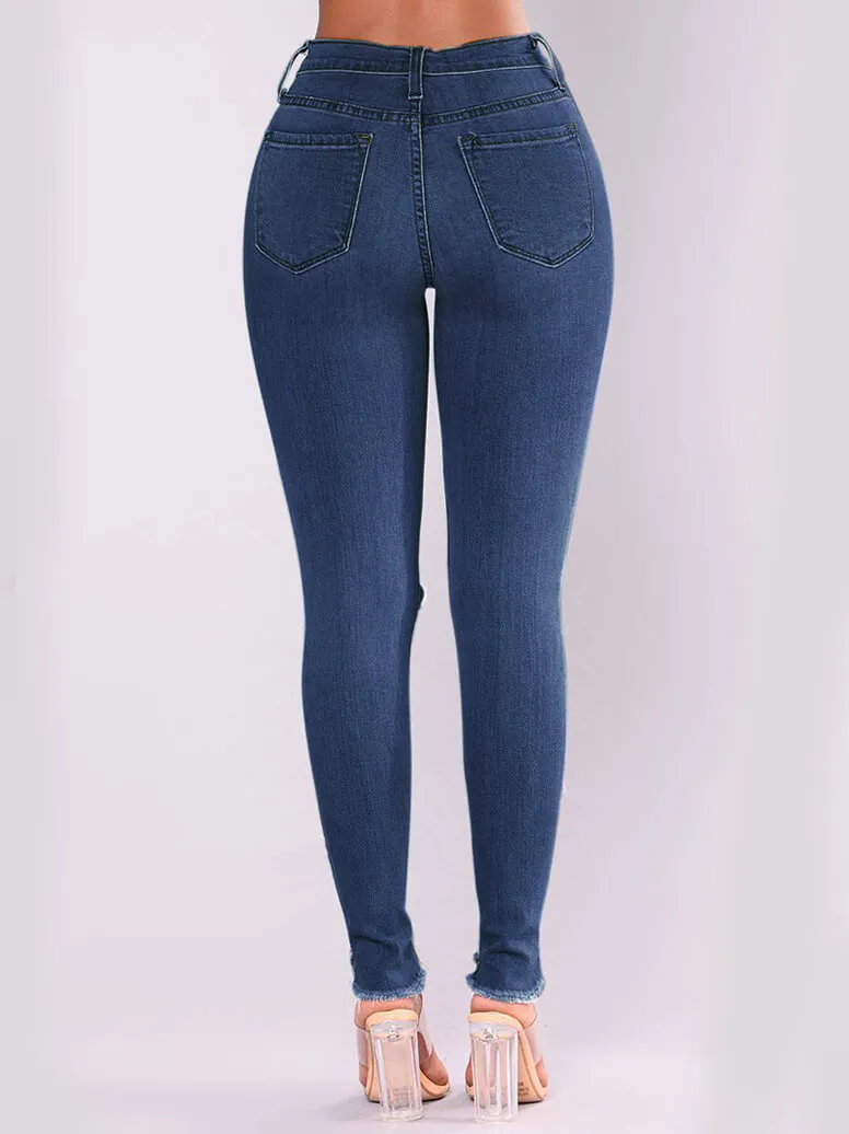 LW High Stretch Y2K Jeans Mid-Waist Fashion Hollow Out Classic Simple Stylish Distressed Ripped Raw Edges Hem Women Pants