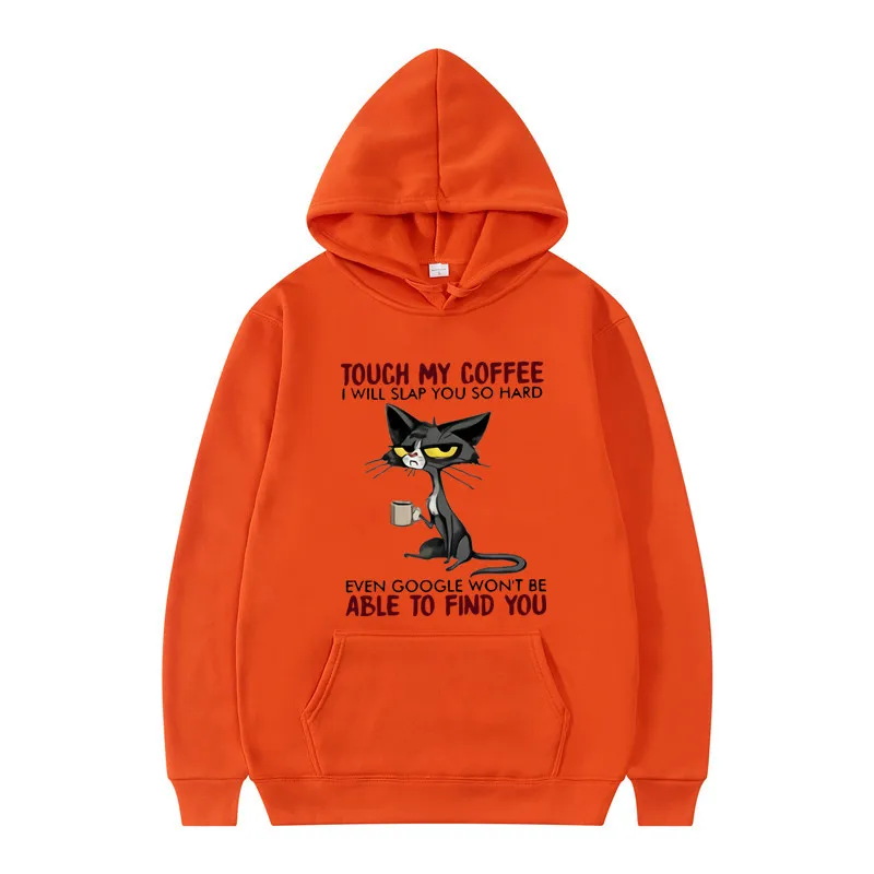 Disdainful Cat Protection Coffee Animation Print Youth Hooded Sports Top Fleece Pullover Casual Jogging Fitness Sweatshirt