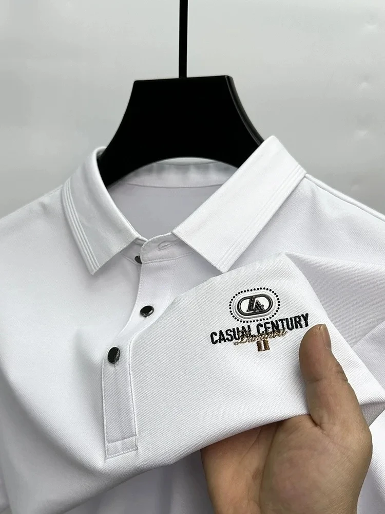 High quality silk cotton short sleeve T-shirt men's Top 2024 new summer fashion ice silk breathable brand embroidered POLO shirt