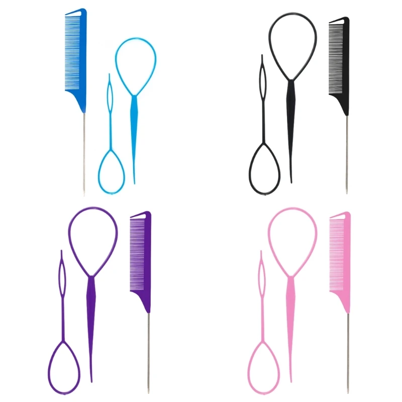 3Pcs Hair Tail Tools Hair Loop Tool Set with French Braid Tool Loop Tail Comb Hair Tail Tools for Hair Styling
