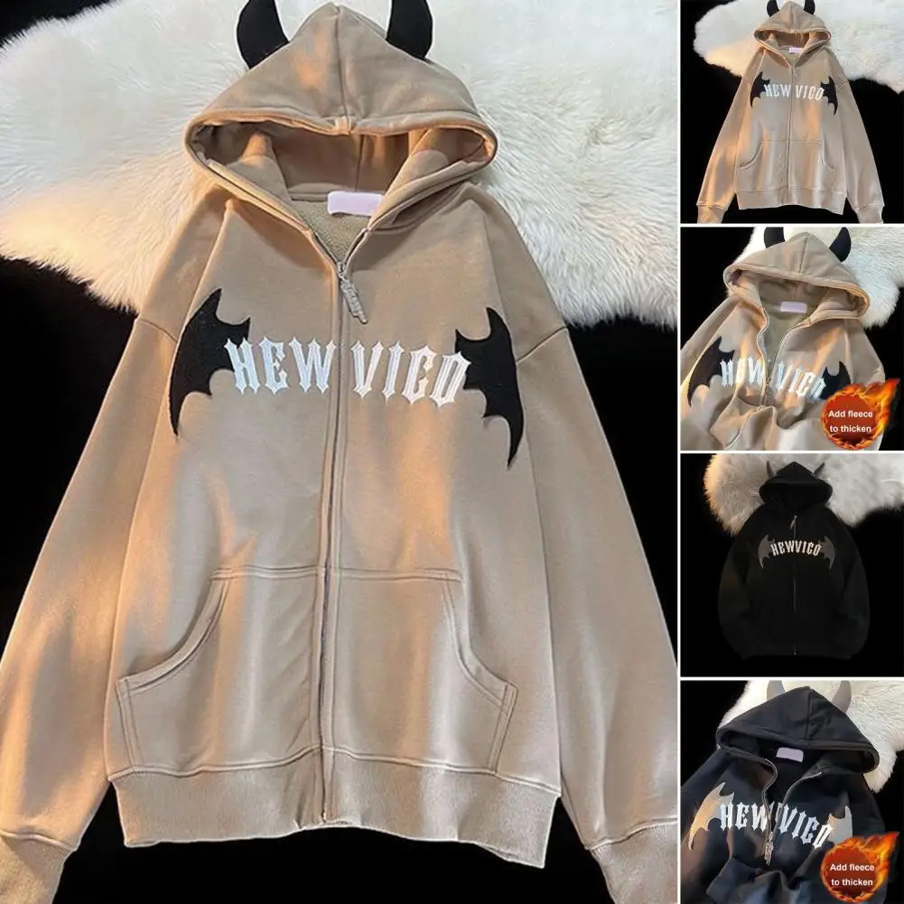 Zippered Hoodie Jacket Hoodie Thickened Plush Men's Hoodie with Horn Decor Zipper Closure Elastic Cuff Long Sleeve for Winter