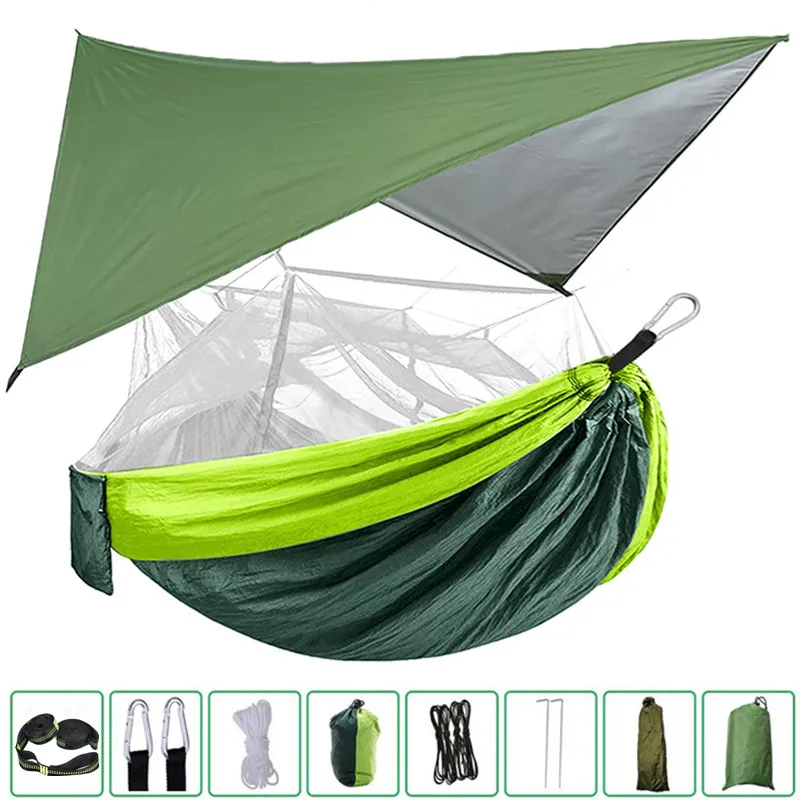 Portable Nylon Camping Hammock with Mosquito Net Rainfly Tent Tree Straps,for Camping Hiking Backyard Travel Outdoor Backpacking