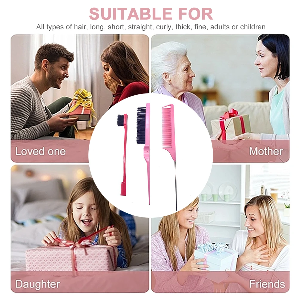 3 Pieces Hair Styling Comb Set Teasing Hair Brush Rat Tail Hair Comb Double Sided Hair Edge Brush for Edge Back Brushing Combing