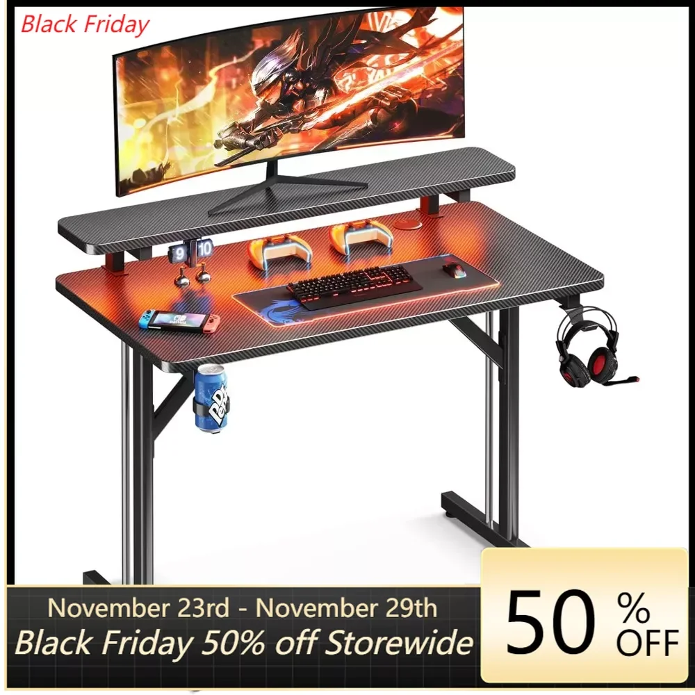 Small Gaming Desk with LED Lights, Computer Desk 31 Inch Gaming Table with Monitor Shelf, PC Gaming Desk Gamer Desk with