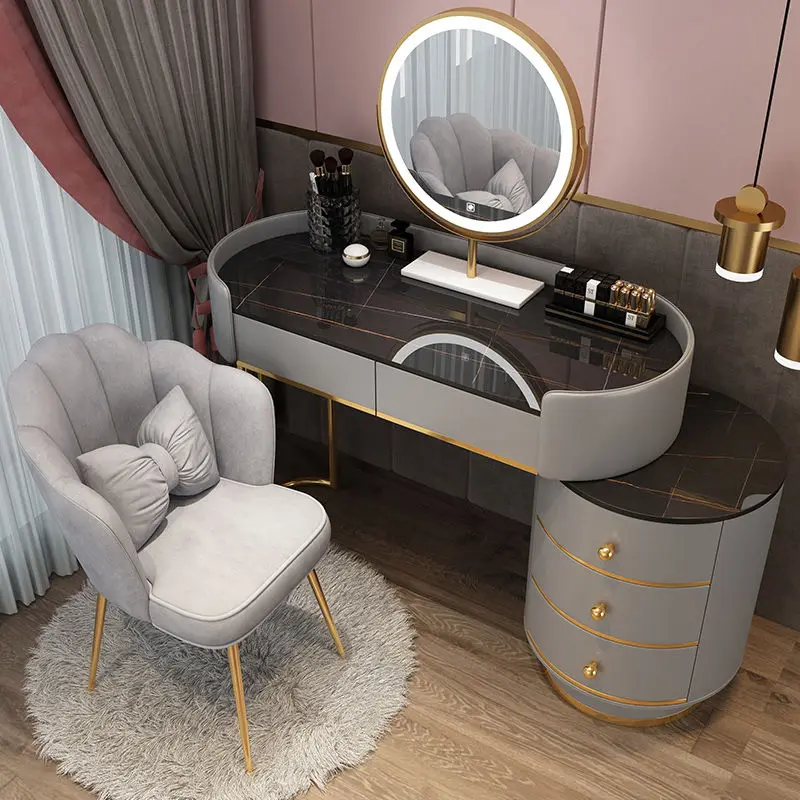 Mordern White Gold Vanity Desk Dressing Table with Mirror Makeup Table with LED Lighting 6 Drawers for Bedroom Home Furniture
