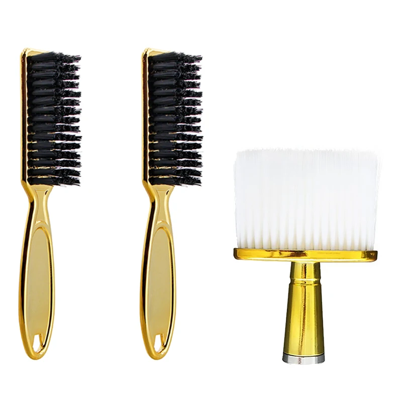 2 Pcs Fade Brush Comb Scissors Cleaning Brush Gold & 1 Pcs Barber Neck Duster Cleaning Face Hair Brush