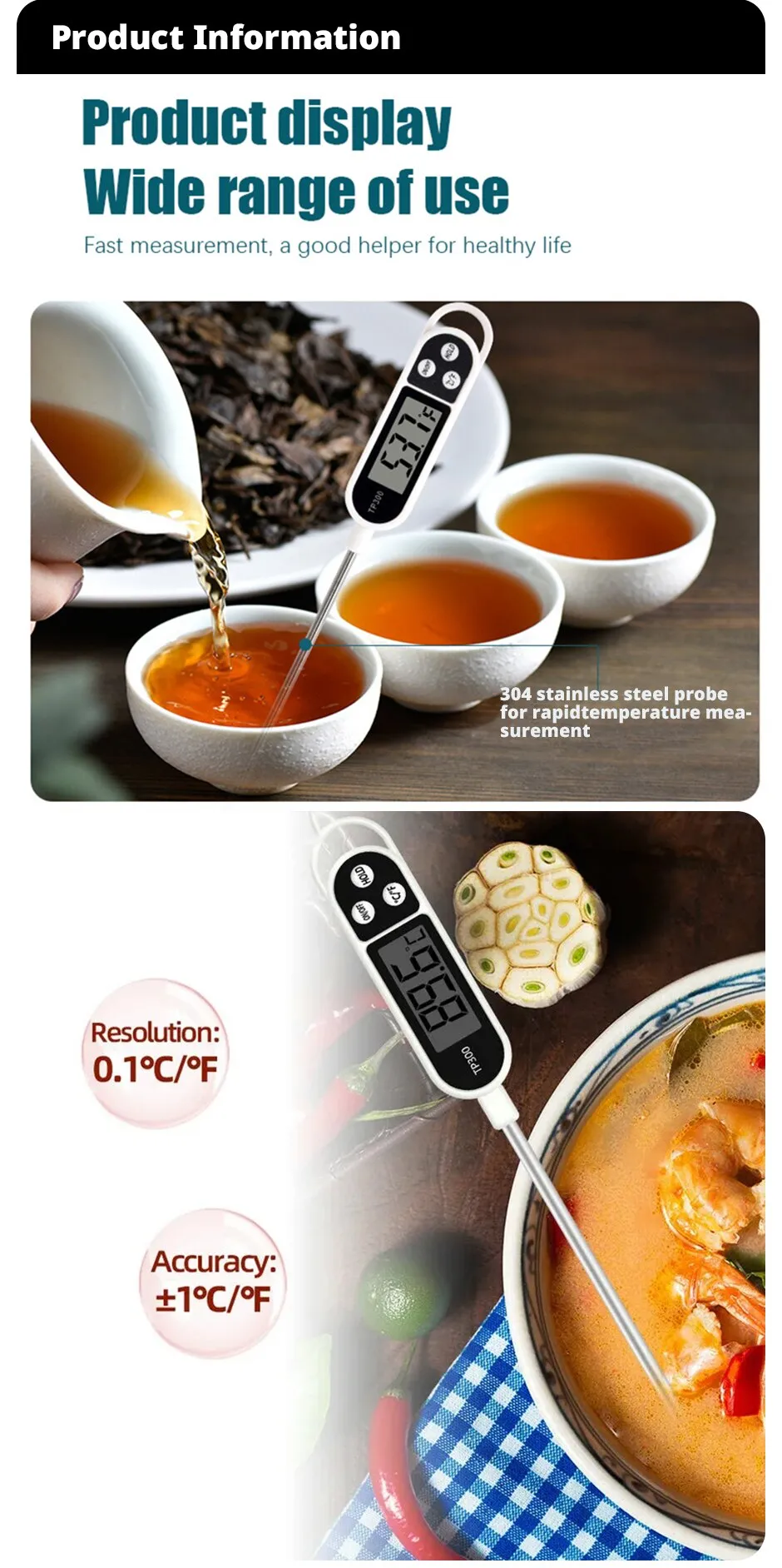 Description Picture 3 of item1PCS Food Thermometer TP300 - Digital Kitchen Thermometer for Meat, BBQ, and Electronic Oven