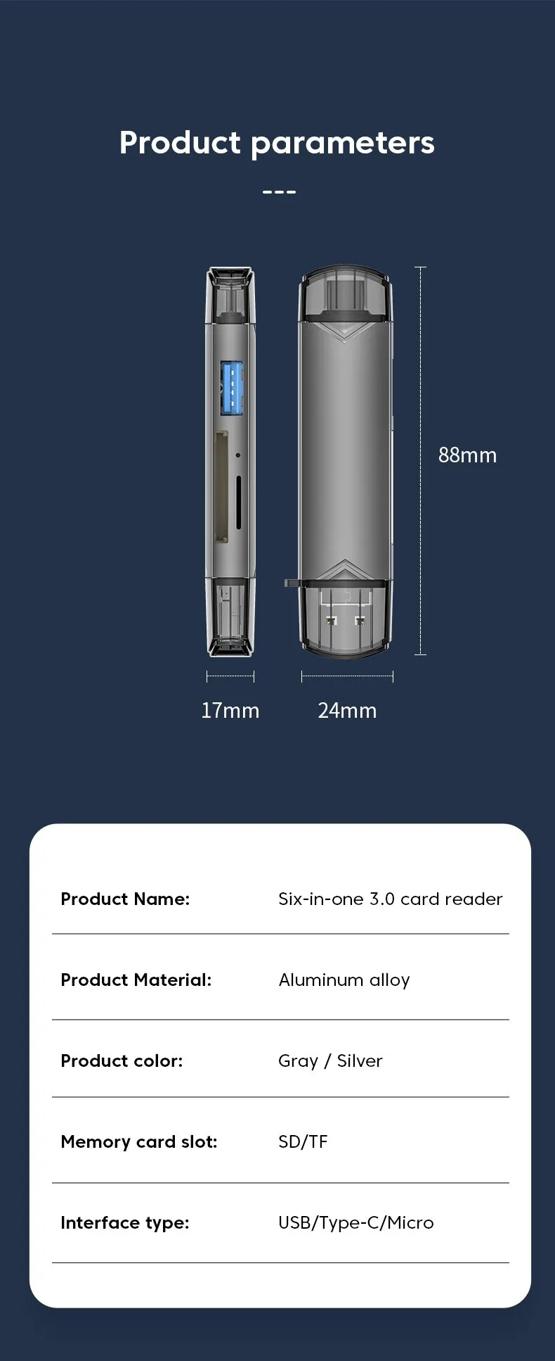 Description Picture 3 of item6-in-1 Multifunction USB 3.0 Card Reader: U Disk Type C/Micro USB/TF/SD Flash Drive Memory Card Reading Adapter