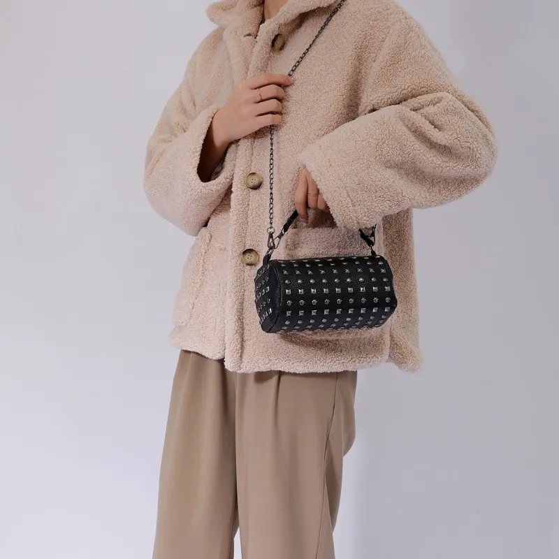 Description Picture 6 of itemEdgy Elegance Neutral Punk Style Round Diagonal Rivet Retro Barrel Bag