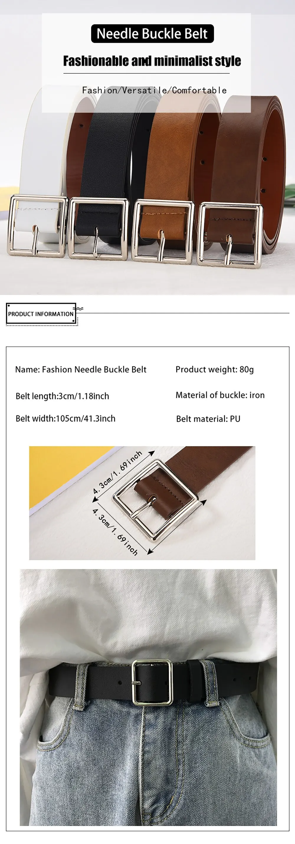 Description Picture 1 of itemWomen's Soft PU Leather Belt: Elevate Your Style with a Square Pin Buckle, Jeans-Perfect Black Belt from a Fancy Vintage Strap