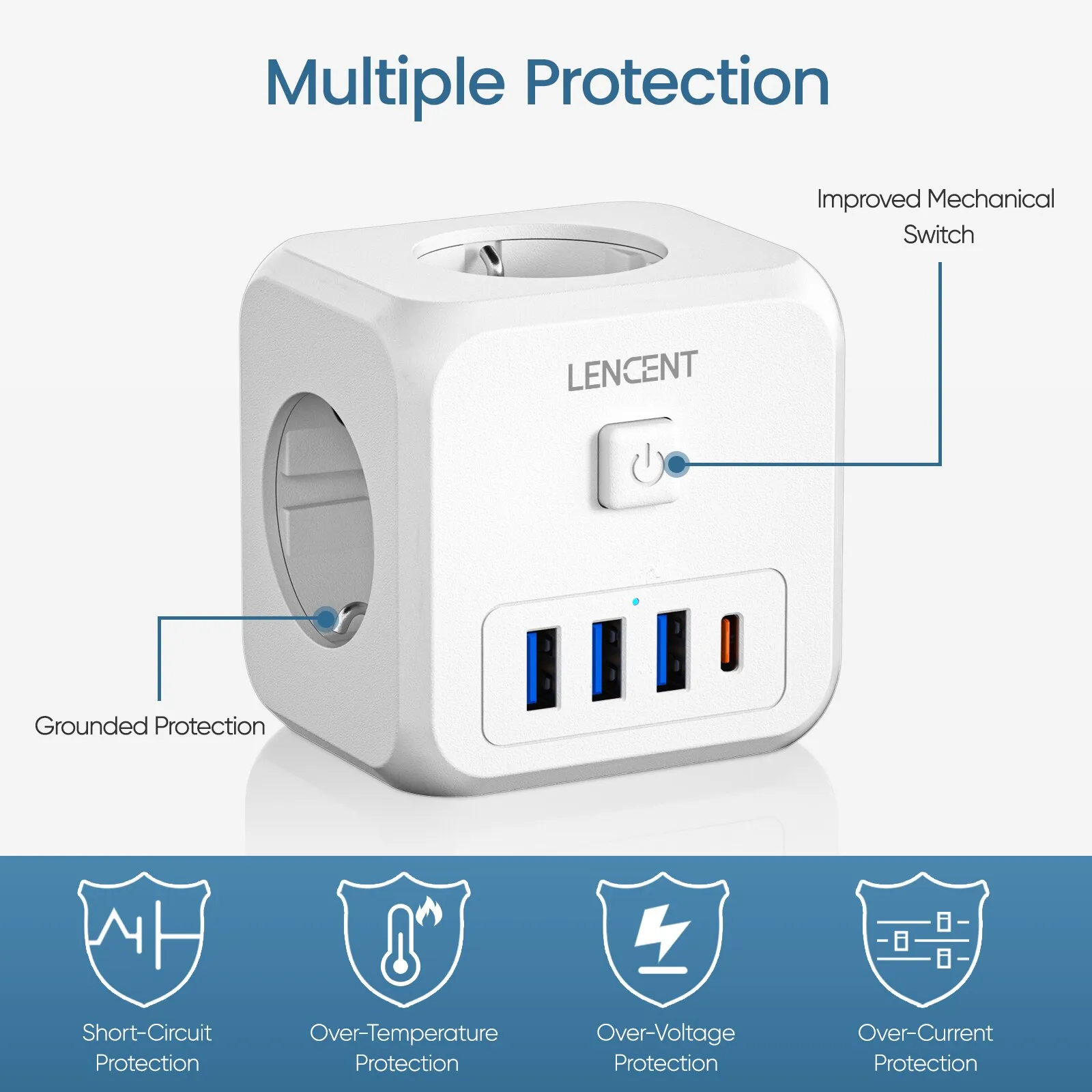 Description Picture 4 of itemLENCENT 7-in-1 EU Plug Wall Socket Extender with On/Off Switch - 3 AC Outlets, 3 USB Ports, 1 Type C Charger