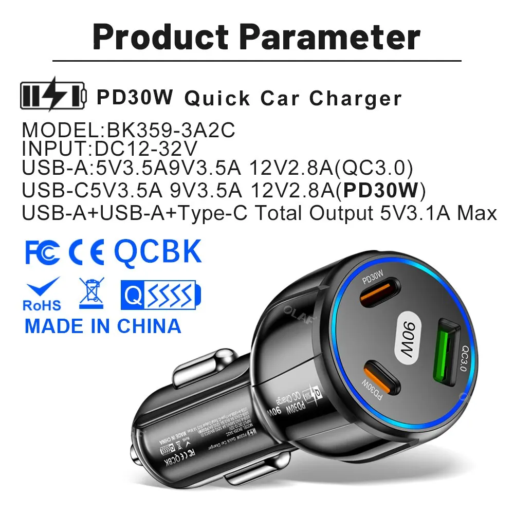 Description Picture 6 of itemOLAF 5 Port 75W USB Car Charger - Type C Car Charger with Fast Charging PD QC3.0, Ideal for iPhone, Iconic Brand, Huawei, Samsung