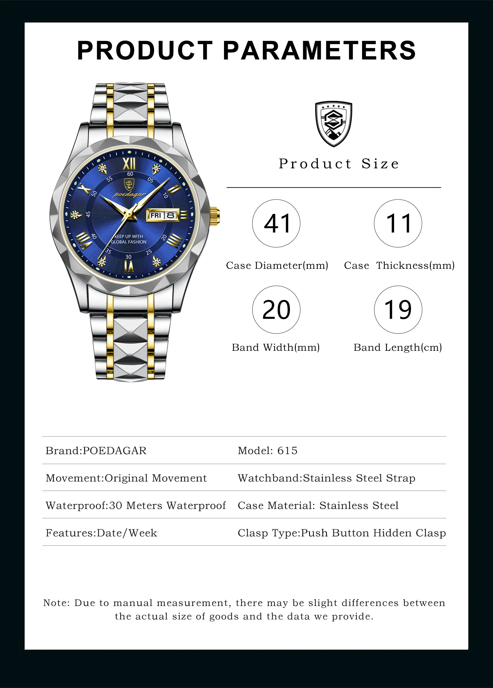 Description Picture 3 of itemPOEDAGAR Luxury Men's Watch - Waterproof, Luminous, Stainless Steel Quartz Wristwatch with Date and Week Display