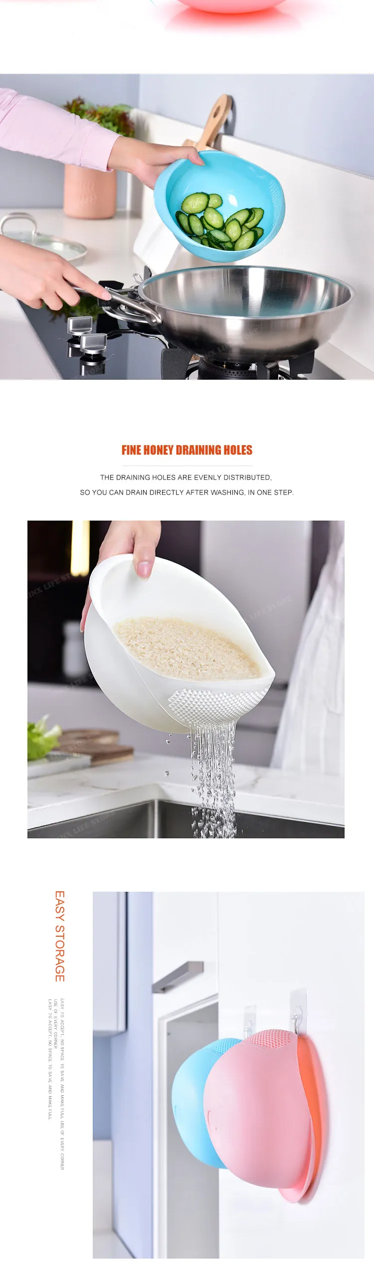 Description Picture 4 of itemKitchen Essentials Rice Sieve: Multi-Functional Plastic Colander with Convenient Handles