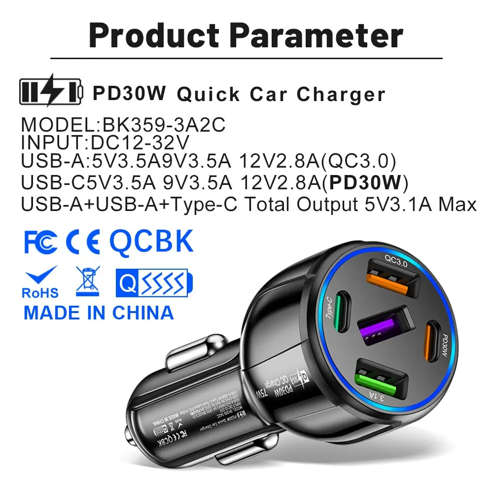 Description Picture 6 of itemOLAF 5 Port 75W USB Car Charger - Type C Car Charger with Fast Charging PD QC3.0, Ideal for iPhone, Iconic Brand, Huawei, Samsung