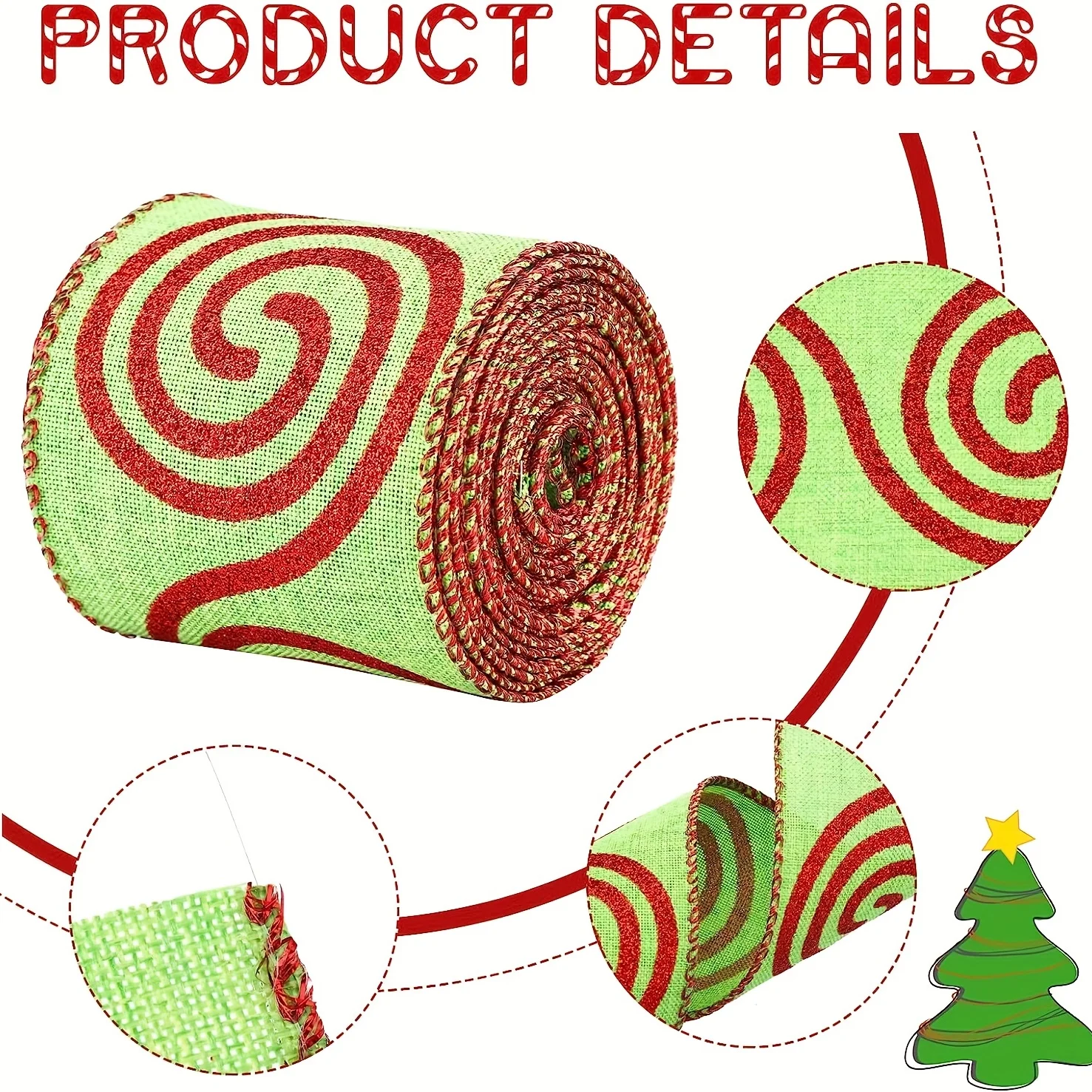 Christmas Glitter Stripe Burlap Ribbon, Festive Red and Green Wired Edge Ribbon for Holiday Decorations and DIY Crafts