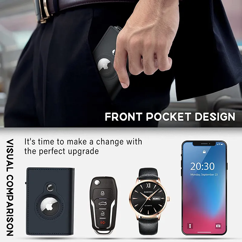 Description Picture 6 of itemLeather AirTag Wallet with RFID Protection, Minimalist Credit Card Bag for Apple AirTag / Color: Black noAirtag