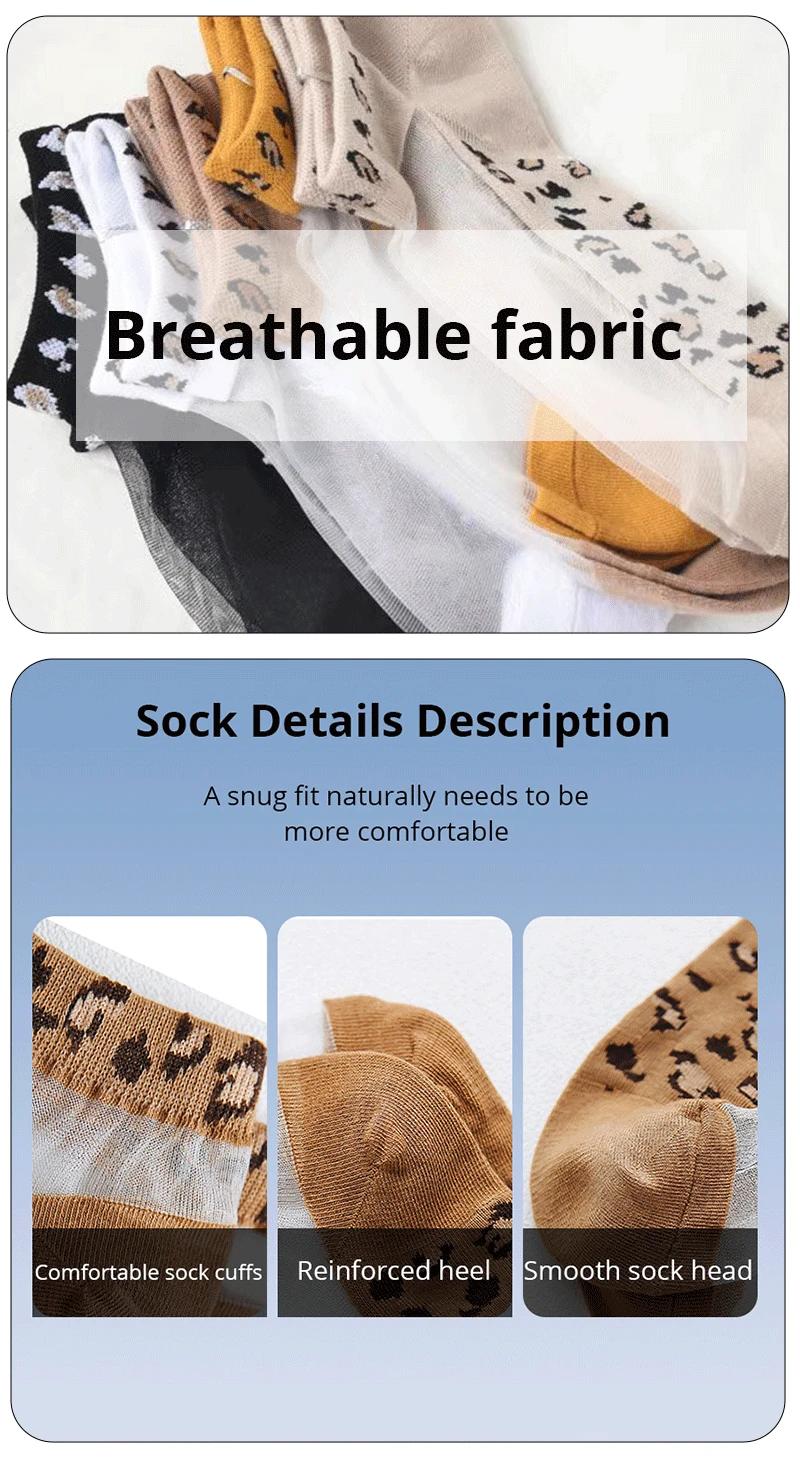 5 Pairs of Women's Glass Filament Fiber, Thin, Transparent Leopard Socks – Stylish and Comfortable Polyester Sock Sole
