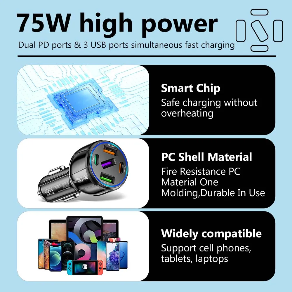 Description Picture 4 of itemOLAF 5 Port 75W USB Car Charger - Type C Car Charger with Fast Charging PD QC3.0, Ideal for iPhone, Iconic Brand, Huawei, Samsung
