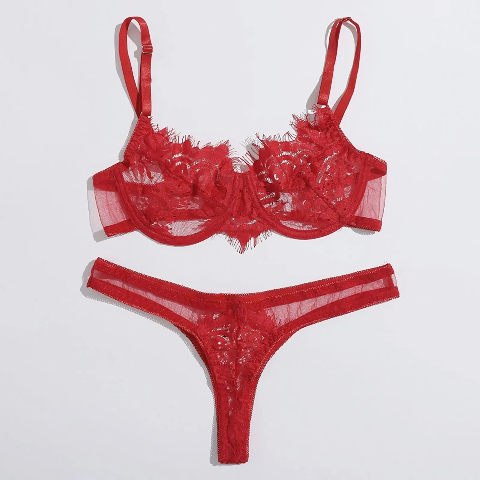 Description Picture 4 of itemChristmas 2-Piece Lingerie Set with Steel Ring Bra - Women's Floral Transparent Lace Bra and Panty Ensemble