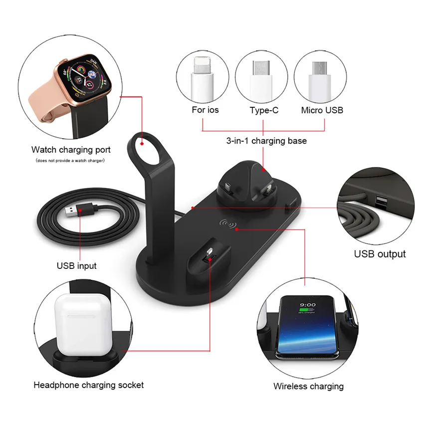 Description Picture 6 of item5 in 1 Wireless Charger Stand Pad for iPhone 14, 13, 12, 11, X, 8, Apple Watch, AirPods – Fast Charging Dock Station