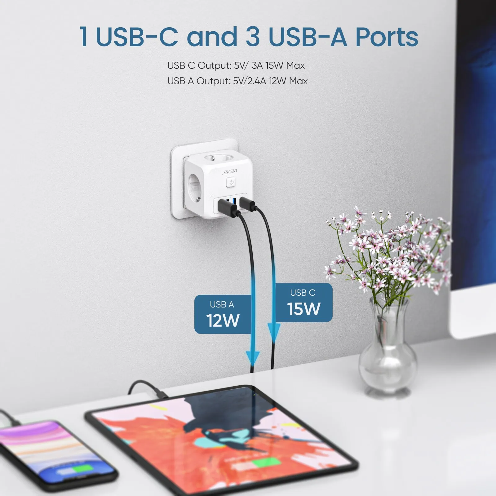 Description Picture 6 of itemLENCENT 7-in-1 EU Plug Wall Socket Extender with On/Off Switch - 3 AC Outlets, 3 USB Ports, 1 Type C Charger
