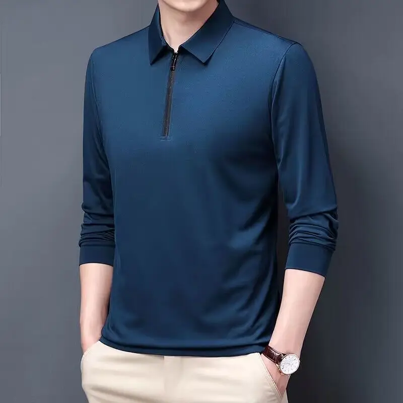 Smart Casual Men's Solid Polo Shirt Spring Autumn New Long Sleeve Zipper Collar Business Fashion Loose Polos Tops Clothing 2024