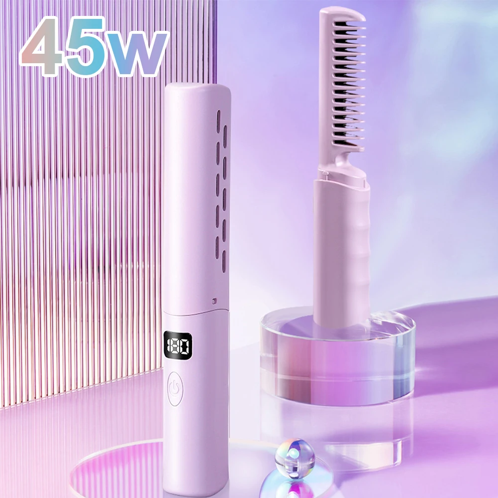 Anti-Scald Hair Straightener Brush Lightweight & Mini To Carry Out USB Rechargeable 70Mins Long Battery Life Electric for Women
