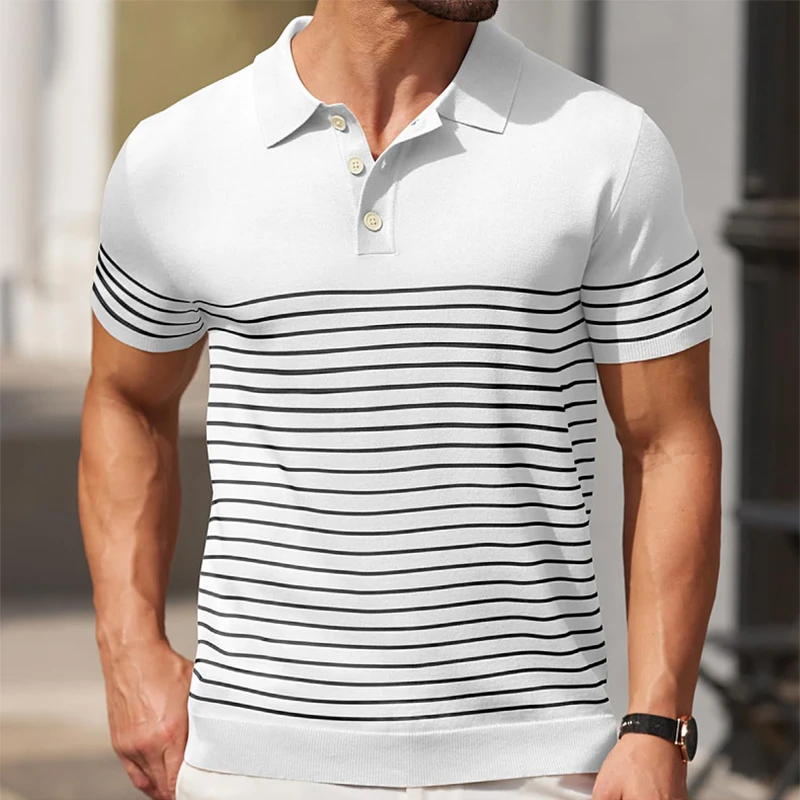 2024 Summer Fashion Striped Polo Shirts Men Short-sleeved Comfort Soft Ice Silk Knit Tops Mens Clothes Casual Button Lapel Polo