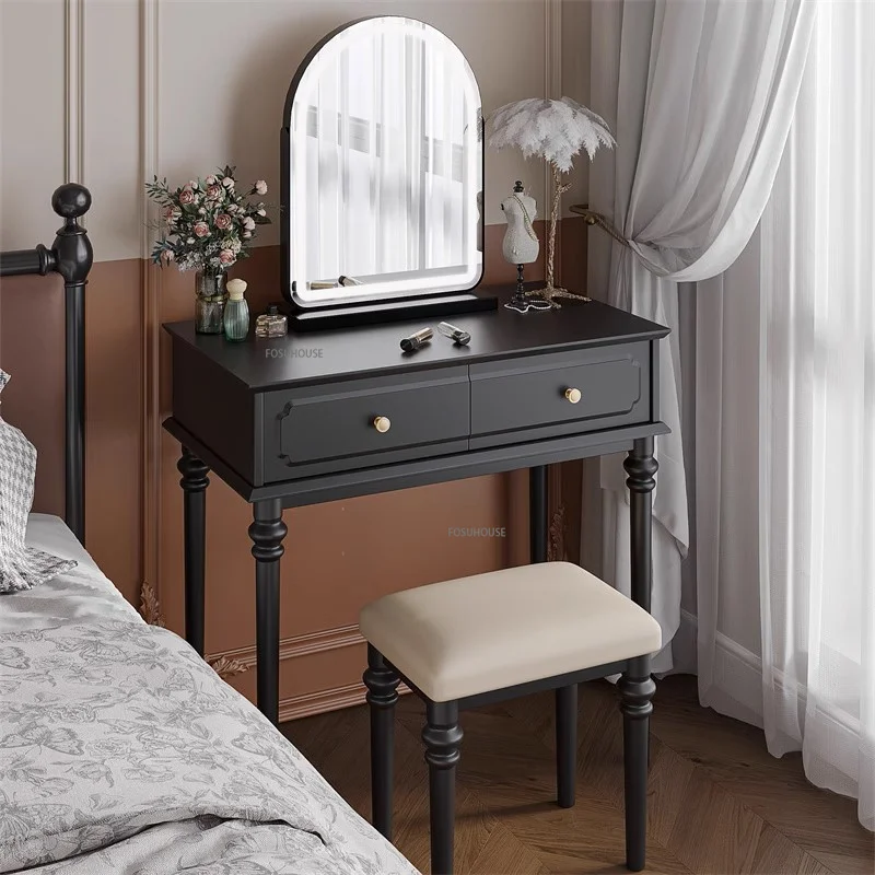 American Retro Solid Wood Dressing Table Small Apartment Bedroom Furniture Black Makeup Table Modern Vanity Table with Mirror Z