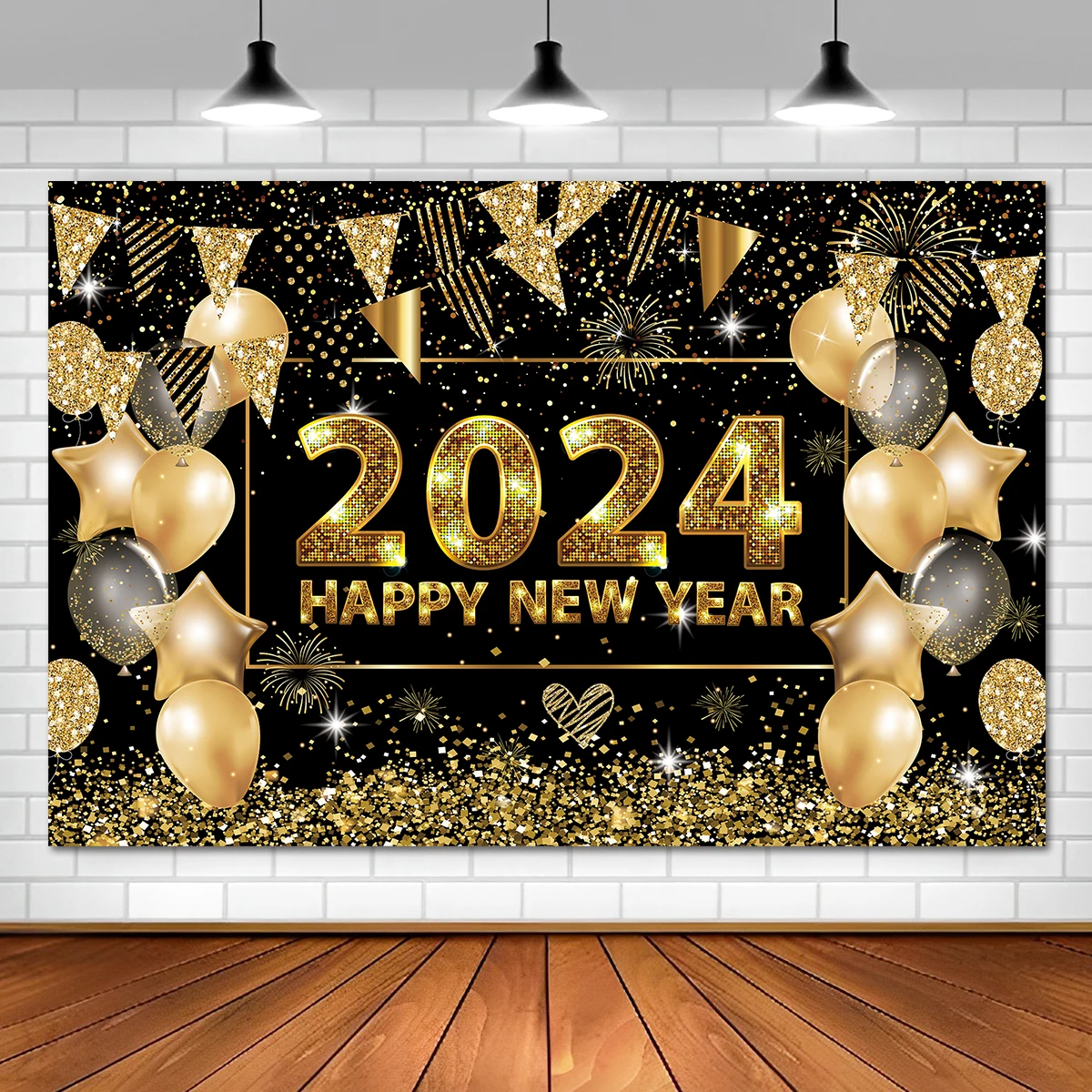 New Year 2024 Decoration Black Gold Table Runners Outdoor Banners Door Curtain Backdrops for Photography New Year Party Supplies