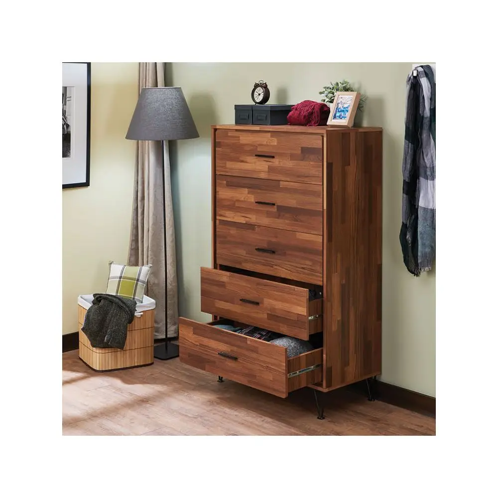 5 Drawer Cabinet Dresser Chest Wardrobe in White/Walnut with Metal Handles & Legs[US-W]