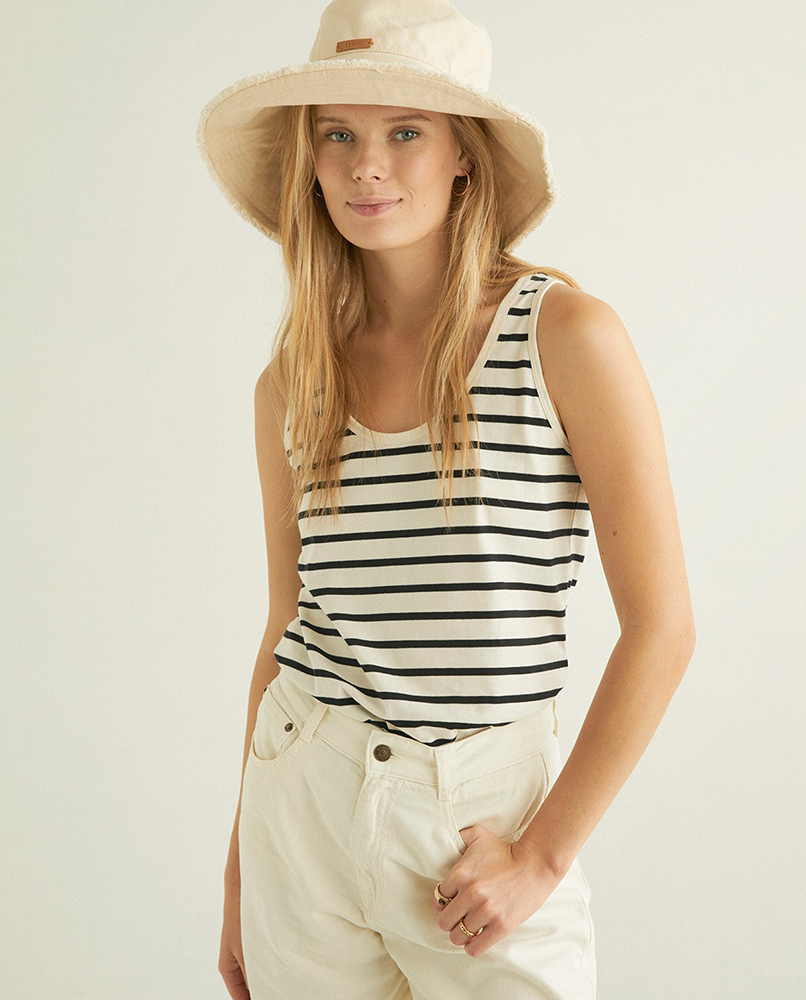 ORGANIC-COTTON CAMISOLE TOP ECRU BLACK STRIPES