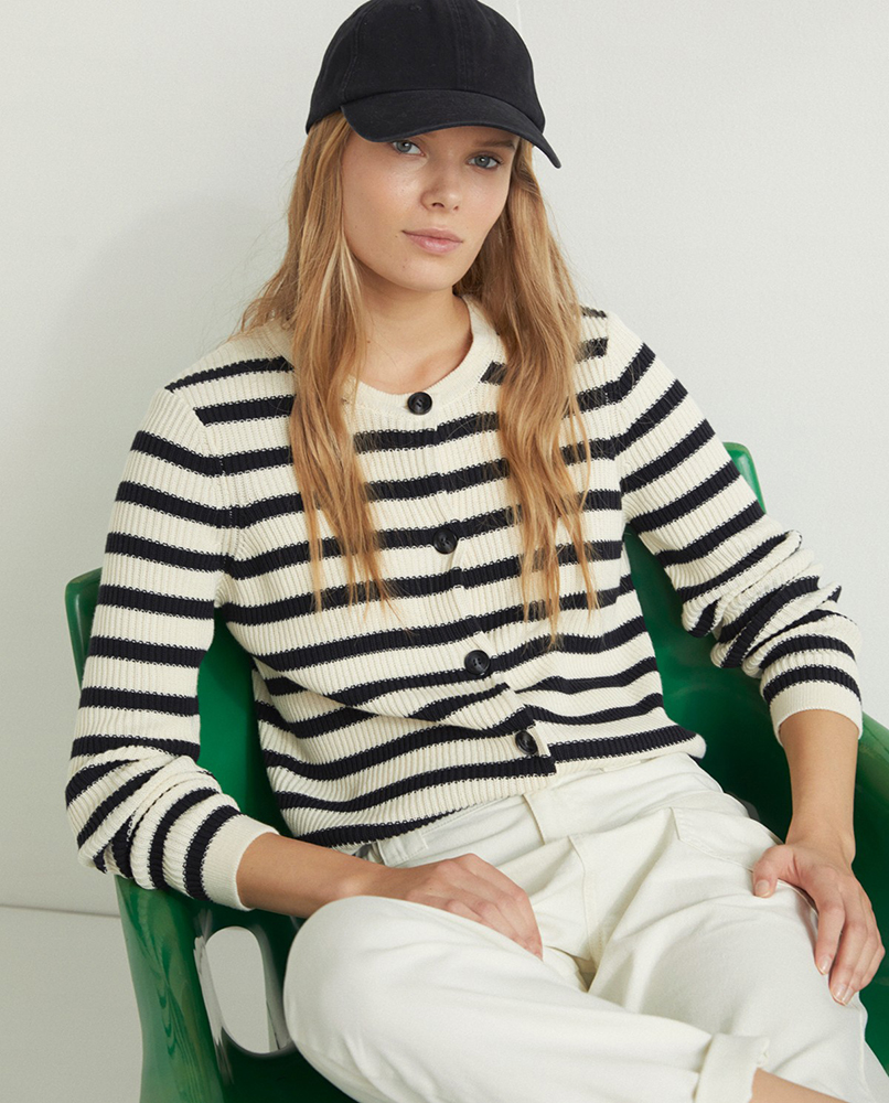 100% ORGANIC-COTTON STRIPED CARDIGAN WITH BUTTONS ECRU