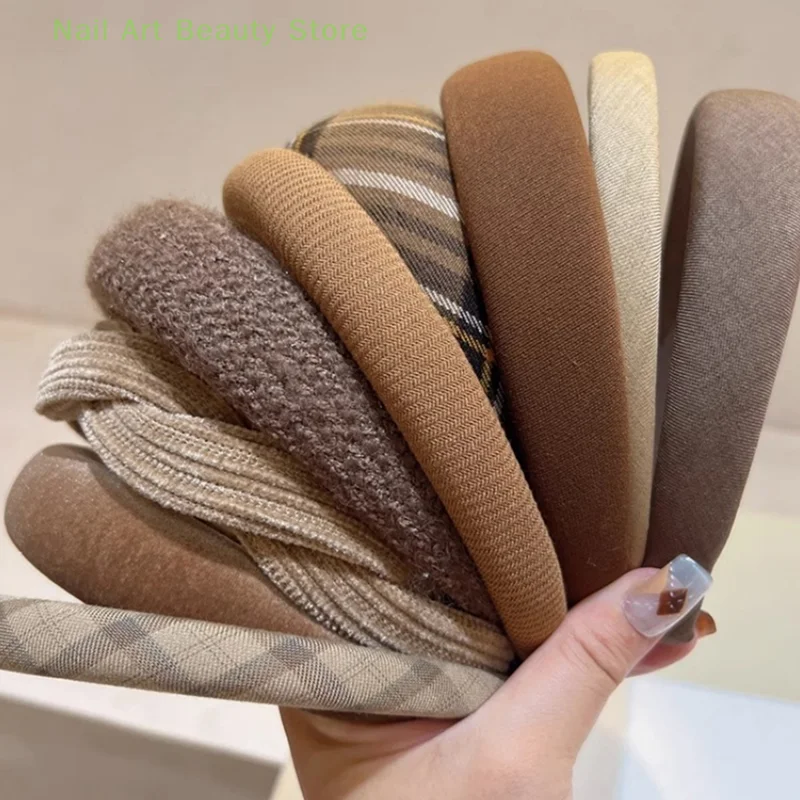 1pcs Autumn And Winter Coffee Color Headband Fashion Vintage Elastic Hair Band Elegant Womens Girl Wide Side Hairband Hair Hoop
