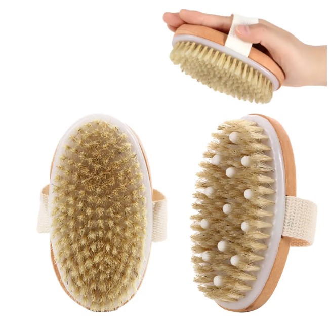 Wet Dry Skin Body Brush with Natural Pig Bristles - Exfoliating and Massaging Tool for Skin Cleaning, Cellulite, and Lymphatic Drainage