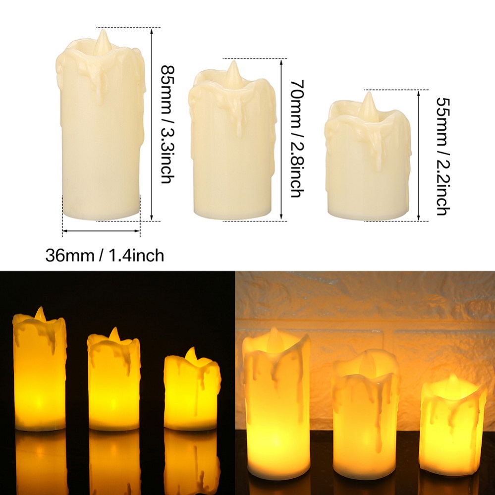 LED Flickering Dirp Wax Amber Yellow Flame Candles 55/70/85mm Tall Battery Powered 3PC